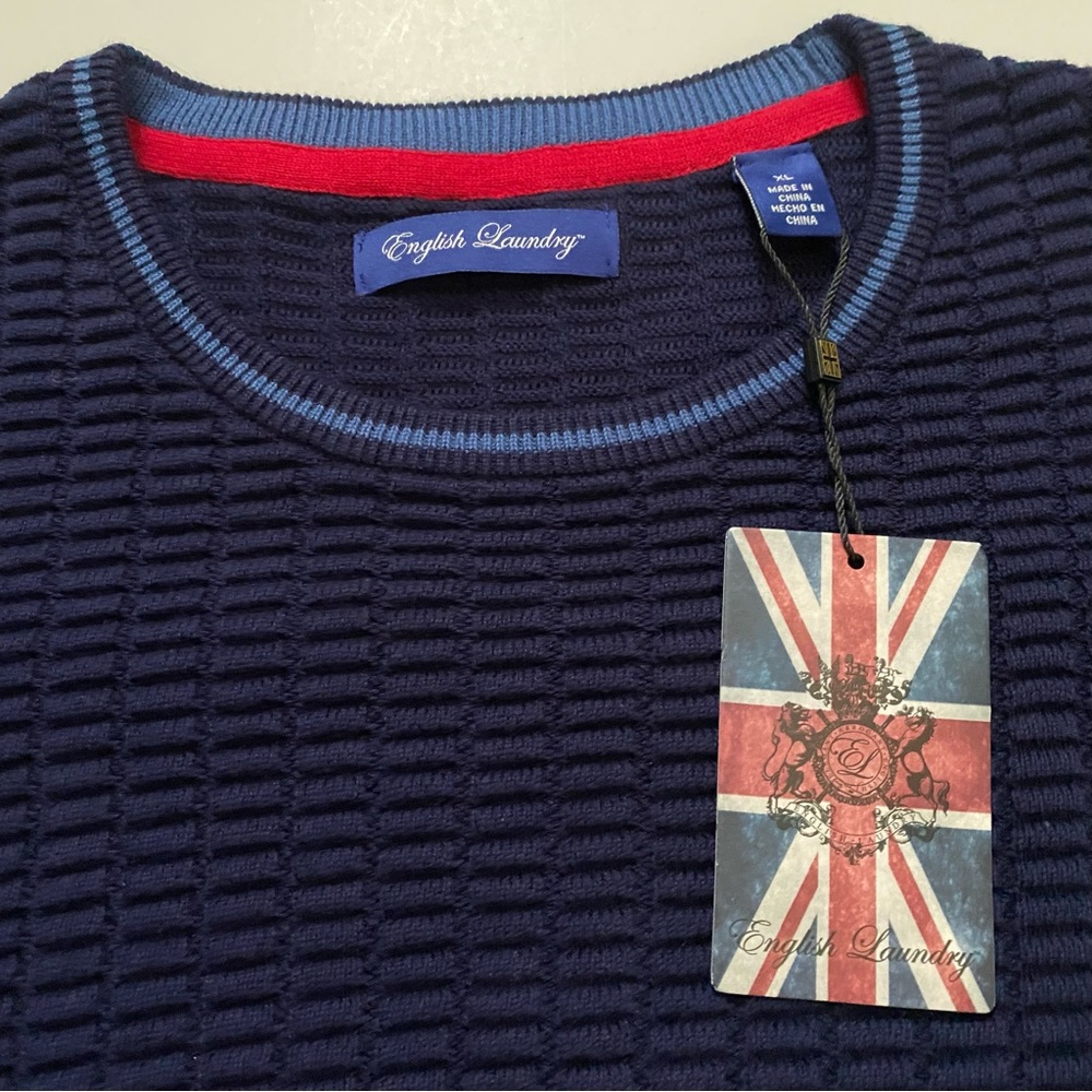 NEW ENGLISH LAUNDRY SWEATER Block Ribbed Navy Blue Collar Cuff Accents SIZE XL